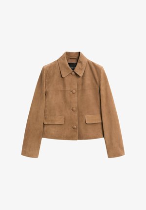 Veste en daim marron avec un col, une fermeture à boutons sur le devant et deux poches. Présente une coupe courte et une texture lisse.