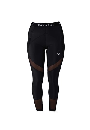 Czarne legginsy sportowe z akcentami z siateczki, z wysokim stanem, zakrzywionymi szwami i logo z przodu. Głównie gładkie wykończenie.