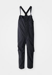 Black waterproof overalls with adjustable suspenders, front button closure, and a side pocket. Made of lightweight, smooth fabric.