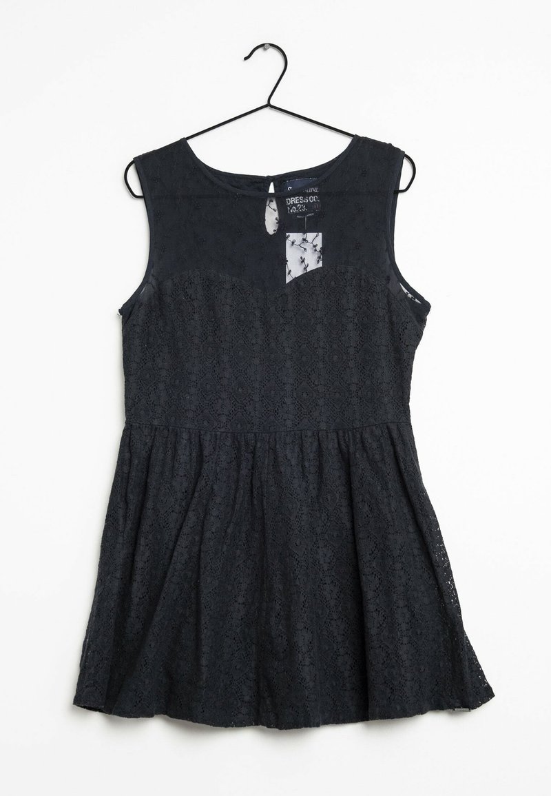 Schwarzes ärmelloses Kleid mit Spitzenakzenten, tailliertem Oberteil und schwingendem Rock. Schlüssel-Öffnung am Rücken und ein transparenter Einsatz vorne.