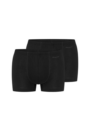 Coppia di boxer neri da uomo con cuciture visibili e fascia elastica in vita su sfondo bianco.
