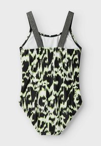 Sort og neongrøn one-piece badedragt med leopardmønster, justerbare metalstropper og en glat tekstur.