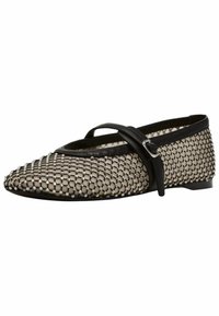 Black and beige ballet flat with a mesh design, featuring a crisscross strap and buckle detail, pointed toe, and textured surface.