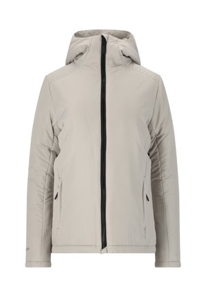 Hellgraue isolierte Jacke mit Kapuze, Frontreißverschluss und Eingrifftaschen. Glatte Textur, taillierte Passform mit schwarzen Reißverschlussakzenten.