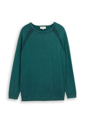 Teal green long-sleeve knit sweater with crew neck and ribbed cuffs and hem, featuring textured knit details along shoulder seams.