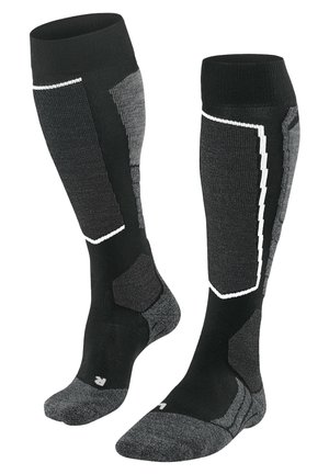 Schwarz und grau gestreifte lange Socken aus Mischgewebe, mit gepolstertem Fußbett, geripptem Bündchen und reflektierenden Akzenten in geometrischem Muster.
