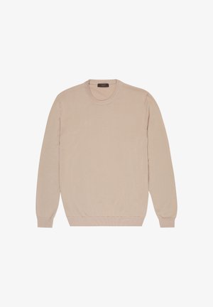 Suéter beige de punto con escote redondo, mangas largas y puños y dobladillo acanalados. Textura suave y tela ligera.