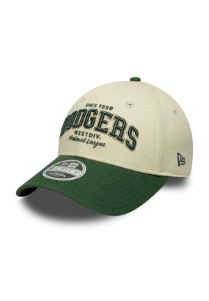 Beige und grüne Baseballkappe mit dem aufgestickten Schriftzug "Dodgers" auf der Vorderseite, "Since 1958 West Div. National League" und einem New Era-Logo an der Seite.