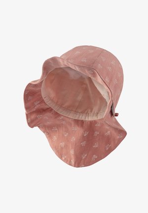 Pink bucket hat made of textured fabric, featuring a floral pattern in white. The brim is wide, and the interior is lined with soft material.