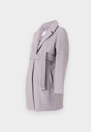 Light gray belted coat with a collar, side pockets, and long sleeves, made of soft, textured fabric, featuring a modern tailored design.