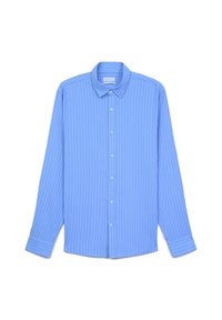 Hellblaues Longsleeve-Hemd mit vertikalen Streifen, durchgehender Knopfleiste und klassischem Kragen. Weicher Stoff und reguläre Passform.