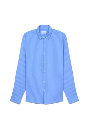 Camicia a maniche lunghe azzurro chiaro con righe verticali, apertura frontale con bottoni e colletto. Tessuto morbido e design a vestibilità normale.