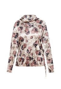 Velour langærmet top med en cowl neck, beige bund med mørkerøde og sorte blomster mønstre, og snoretræk detalje ved kanten.