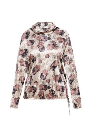Top din catifea cu mânecă lungă, având un guler tip cowl, bază bej cu modele florale în nuanțe de roz închis și negru, și un detaliu cu șnur la tiv.
