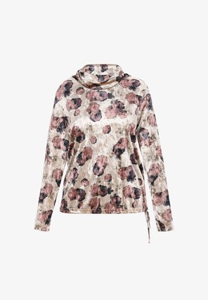 Satiinist pikkade varrukatega topp, millel on kapuutsikaelus, beež taust tumepunaste ja mustade lillemustritega ning stringiga detail allservas.