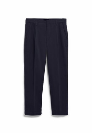Navy blauwe broek gemaakt van zachte stof, met twee zijzakken, een vlakke voorkant en een rechte pijp voor een getailleerde pasvorm.