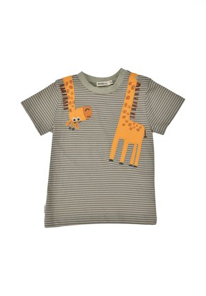 Graues und weiß gestreiftes Kleinkind-Shirt mit einem orangefarbenen Giraffen-Design, das sich von der Schulter bis zum Saum erstreckt und dabei Augen, Flecken und Mähnendetails zeigt.