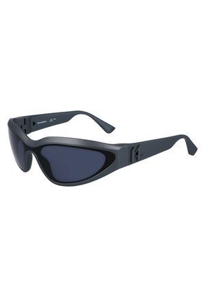 Occhiali da sole neri avvolgenti con lenti scure, caratterizzati da un design elegante e bracci testurizzati per una vestibilità sicura. Contrassegnati CE per garantire la qualità.