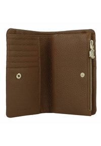 Portafoglio in pelle marrone con finitura testurizzata, molteplici scomparti per carte, bottone a pressione e scomparto con zip per monete.