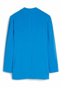 Blazer bleu vif à manches longues avec un design simple dans le dos, ourlet droit, sans boutons ni décorations visibles.
