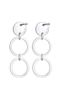 Orecchini in metallo argentato con tre anelli circolari interconnessi, finitura lucida, chiusura a perno e design leggero.