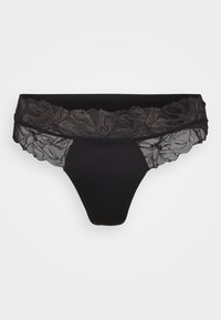 Schwarze Thong-Unterwäsche mit einem floralen Spitzenbund. Der Stoff ist glatt, mit einer durchsichtigen Spitzenstruktur an den Kanten und Details.