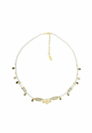 Gold-accented necklace featuring white beaded strands, translucent rectangular beads, and decorative charms with teardrop shapes and crystals.