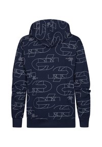 Sudadera navy con un patrón geométrico blanco, letras grandes y un bolsillo tipo canguro. La tela parece suave con un acabado texturizado.