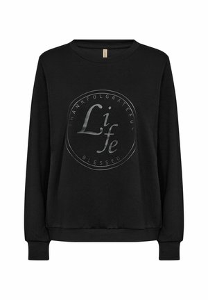 Zwarte sweatshirt met lange mouwen, ronde halslijn en een grafisch ontwerp aan de voorkant met het woord "Life" in zilver, omringd door cirkelvormige tekst.