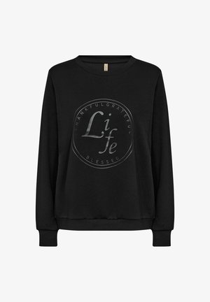 Crna dukserica dugih rukava, okruglog izreza, sa prednjim grafičkim prikazom reči "Život" u srebrnoj boji, okruženim kružnim tekstom.