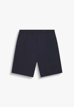Pantalones cortos navy hechos de tela ligera, con cintura elástica y cordón, dos bolsillos laterales y un logo en la parte inferior izquierda.