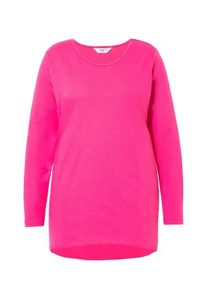 T-shirt a maniche lunghe e colletto tondo di un vivace colore rosa. Realizzato in un tessuto morbido e leggero, con un orlo leggermente curvato e senza fantasie.