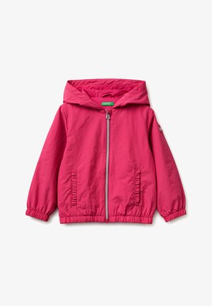 Chaqueta con capucha para niños de color rosa brillante, con cremallera frontal, dos bolsillos laterales, puños elásticos y dobladillo elástico.
