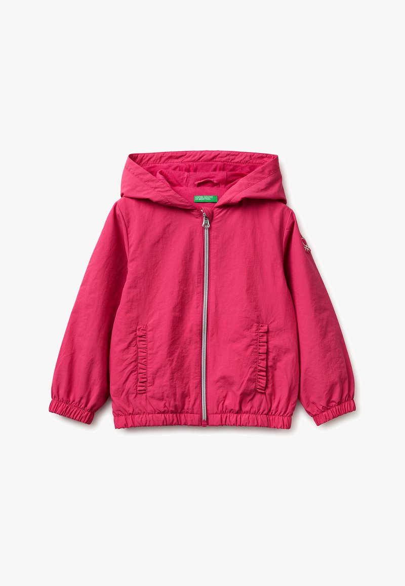 Kinder-Jacke mit Kapuze in leuchtendem Pink, Frontreißverschluss, zwei seitlichen Taschen, elastischen Bündchen und elastischem Saum.