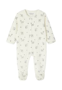 Cremfarbener Baby-Body mit Druckknöpfen, bedeckt mit kleinen Illustrationen von Eichhörnchen und Eicheln, geeignet für 3 Monate alte Säuglinge.