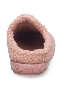 Pantofola rosa pelosa con una parte superiore morbida e testurizzata simile alla lana e una base solida. Apertura sul retro, progettata per una facile calzata.