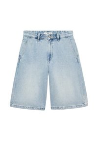 Ljust blå denimshorts med hög midja, vida ben, två framfickor, bälteshållare och knappstängning.