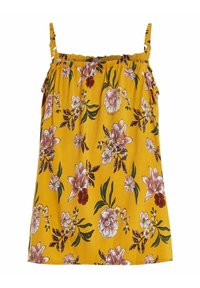 Geel bloemen camisole met verstelbare bandjes. Beschikt over roze en kastanjebruine bloemen en groene bladeren op een textuur-achtige stof achtergrond.