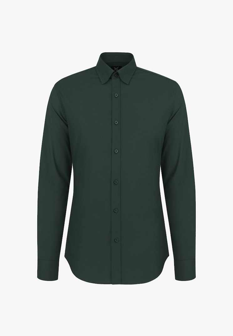 Ciemnozielona koszula z długim rękawem, z wywijanym kołnierzykiem, z przodu zapinana na guziki i o gładkiej fakturze. Klasyczny krój i dopasowany design.