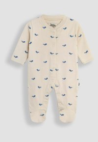 Bodysuit de algodón color beige claro con pequeños patrones de ballenas azules, mangas largas, botones de presión en el frente y pies incorporados.