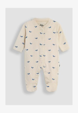 Hellbeige Baumwolle-Overall mit kleinen blauen Walmustern, langen Ärmeln, Druckknöpfen an der Vorderseite und Fußteilen.