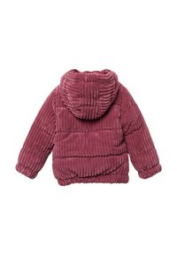 Geripptes, kapuzenförmiges Steppjacke in Dunkelpink. Weicher, strukturierter Stoff mit elastischen Bündchen und Saum. Verfügt über eine runde Kapuze für zusätzliche Wärme.