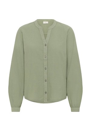 Světlý zelený blůzón s dlouhými rukávy, kulatým límcem, pěti knoflíky vpředu a elastickými manžetami na rukávech.