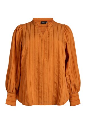 Long-sleeve orange blouse with vertical stripes, gathered cuffs, and a V-neck opening with a small stand collar.