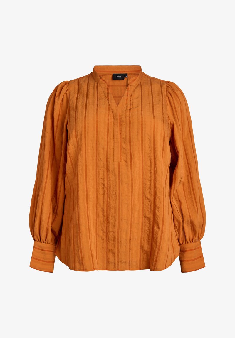 Langarmige oranje blouse met verticale strepen, geplooide manchetten en een V-halsopening met een kleine staande kraag.
