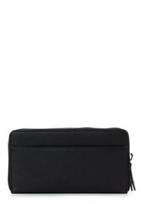 Black leather wallet with a pebbled texture, rectangular shape, zip closure, and a card slot on one side.