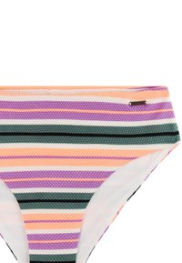 Bikiniunderdel med høj talje i tekstureret stof og vandrette striber i orange, lilla, hvid, grøn og sort, med et lille metalmærke med mærkenavn.