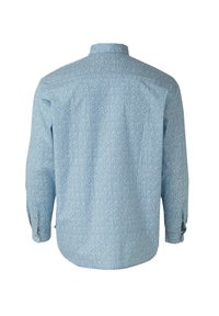 Lange mouwen blouse van lichtblauwe stof, met een klein bloemmotief. Klassieke kraag en manchetknopen met de optie om op te rollen.