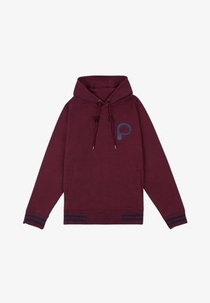 Felpa con cappuccio color bordeaux con coulisse, tasca frontale e dettagli a righe blu navy sui polsini. Presenta un logo stampato sul petto. Realizzata in misto cotone.