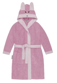 Rosa Kapuzen-Bademantel aus weichem Frottee-Stoff. Verfügt über Hasenohren an der Kapuze und einen Gürtel, mit zwei vorderen Taschen und kontrastierenden Abschlüssen.